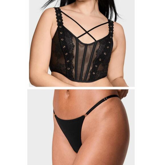 VS Very Sexy Rose Lace Grommet Strappy Corset N Smooth Adjustable Thong Panty M - Picture 2 of 12